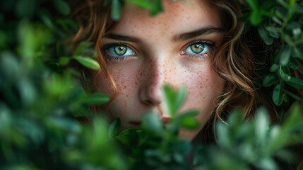 Close-up of woman with green eyes peeking through foliage