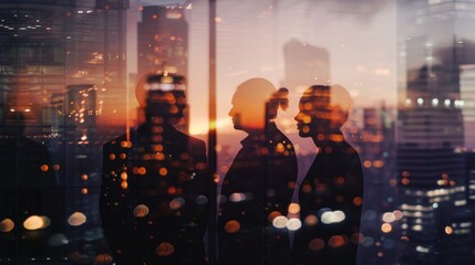 Double exposure image of many business people conference group meeting on city office building in background showing  partnership success of business deal.       Concept of teamwork