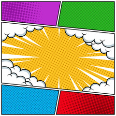 Comic book page template with halftone radial and rays effects in pop-art style. Colorful blank background. Vector illustration