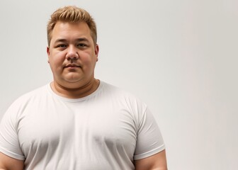 Fototapeta premium Fat man in T-shirt on light background