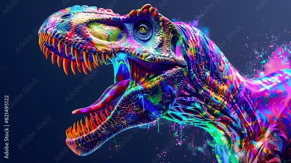 Wall mural Abstract of Tyrannosaurus rex or T-rex dinosaur portrait in Cretaceous period with multi colored colorful isolated on clean png background, Vibrant bright, with Generative AI.