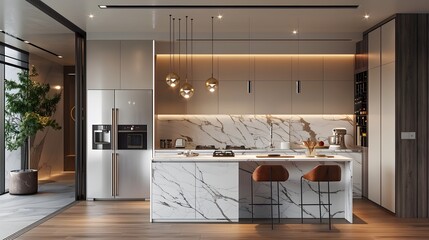 Kitchen, light brown and white tones. There are appliances, marble walls, and lights.