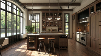 Cubism of Spacious kitchen island with bar stools and pendant lighting,Gothic fantasy illustrations