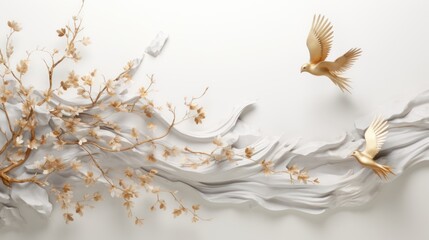 3d golden birds flying on marble background wallpaper