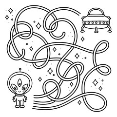 Find a way from cute alien to the spacecraft. Simple maze game. Black and white ready to print worksheet for preschool fun activity. Outlined vector illustration for kids.