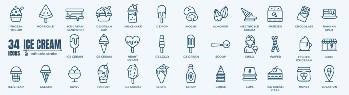 Set of Ice Cream Related Vector Line Icons. Contains such Icons as Gelato, Parfait, Milkshake, Pop sicle and more.