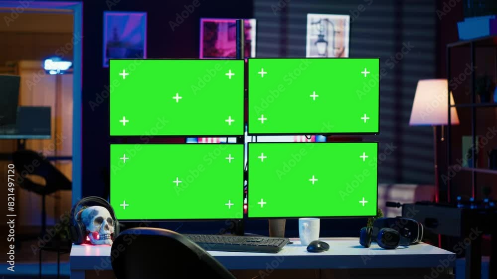 Poster hacker using isolated screen multi monitor pc setup, doing computer sabotage using ransomware. cyber