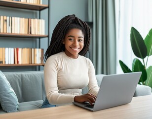 successful young businesswoman working remotely on laptop at home casual lifestyle portrait