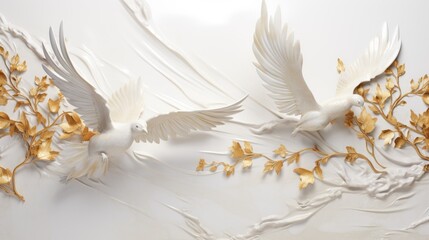 3d golden birds flying on marble background wallpaper