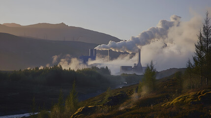 Naklejka premium A mountain range with a large factory in the middle