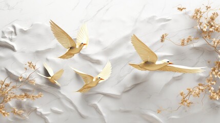 3d golden birds flying on marble background wallpaper