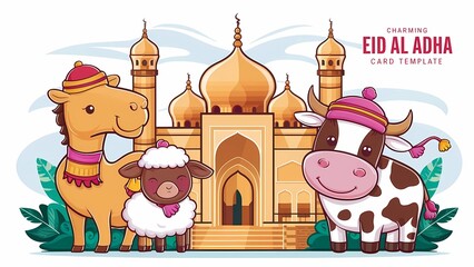 Naklejka premium A Cute Camel Sheep Cow And Mosque Background illustrations, Ai generative. 