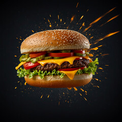 Banner or Poster for Fast Food. A Burger with Lots of Toppings. 