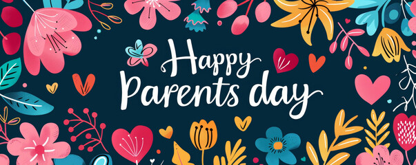 Happy Parents day calligraphy text with flowers and hearts on dark background. Holiday brush lettering. Global Day of Parents concept. Greeting card, banner, postcard or poster for Happy Parents day