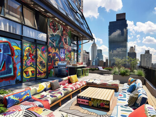 Pop Art of Outdoor patio with comfortable lounge furniture and a stunning view,Graffiti and street...