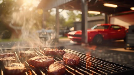 Grilling BBQ steaks outdoors in the yard with a classic American muscle car garage in the background. Fire hot smoke food grill party.