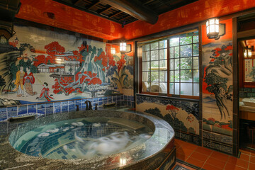 Graffiti of Lavish bathroom with a spa-like ambiance and a soaking tub,Japanese Ukiyo-e prints