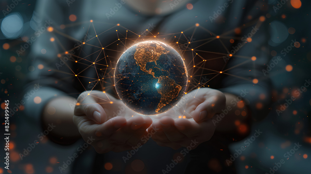Canvas Prints abstract palm hands with global network connections, innovative technologies in the field of science