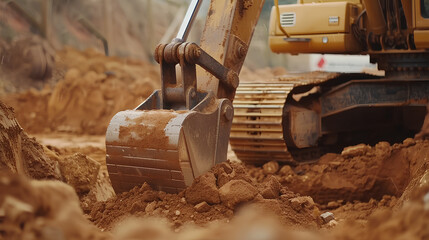 Backhoe working by digging soil at construction site. Crawler excavator digging on soil. Excavation...
