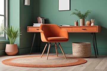 cozy composition of Burnt Orange living room interior, Grassy Green desk, Pastels chair