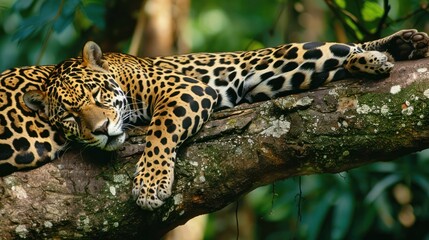 A Jaguar relaxes on a tree trunk on the banks of the Tambopata river, in the Peruvian Amazon