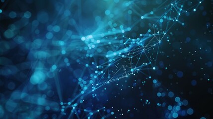 Obraz premium Abstract blue technology background featuring a cyber network grid with connected particles. Artificial neurons and global data connections.