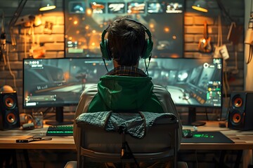 Obraz premium Esports Athlete Competing in Organized Gaming Tournaments for Prizes and Recognition