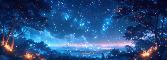 Starry night above Bamboo Forest flat design top view celestial clarity theme animation Tetradic color scheme