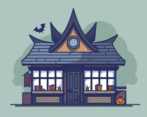 Obraz premium A minimalist, Tetradic color scheme cartoon drawing featuring a haunted house theme, depicted in a flat design from the front view, with a checkout counter and ample copy space, but devoid of people.