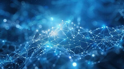 Abstract blue technology background featuring a cyber network grid with connected particles. Artificial neurons and global data connections.