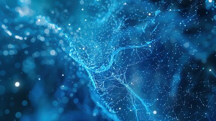 Abstract blue technology background featuring a cyber network grid with connected particles. Artificial neurons and global data connections.