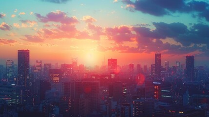 Fototapeta premium Futuristic Urban Dreamscape Bathed in Pink Neon Light at Sunset