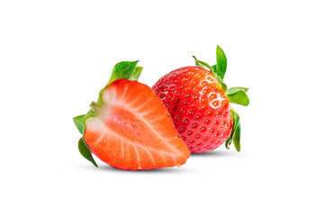 Two ripe red cut strawberries on a white background isolate