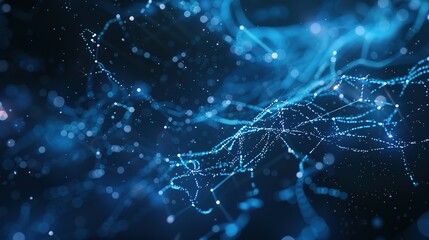 Abstract blue technology background featuring a cyber network grid with connected particles. Artificial neurons and global data connections.