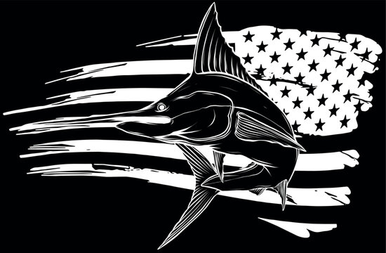 recommend clip art: swordfish in white line on black background