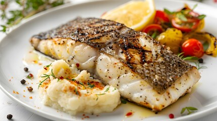 One piece of grilled fish with small mashed vegetables. Pour a little sauce over it.