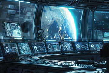 High-tech control room inside the space station