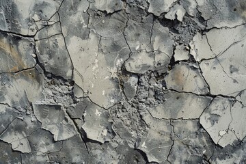 Fototapeta premium Decaying, rusted wall surface featuring extensive cracking and damage. Aged, weathered architectural concept