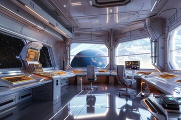 High-tech control room inside the space station