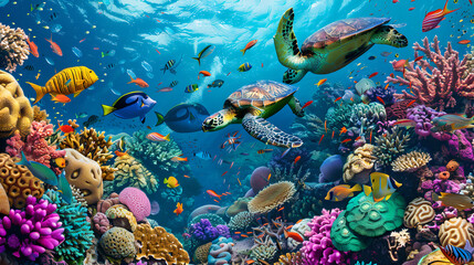 Fototapeta premium close-up of a vibrant tropical coral reef reveals an array of colorful fish darting among the corals, alongside graceful sea turtles and diverse marine life.