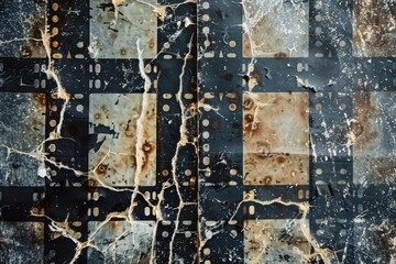 The image is a collage of old film strips, with some of them torn