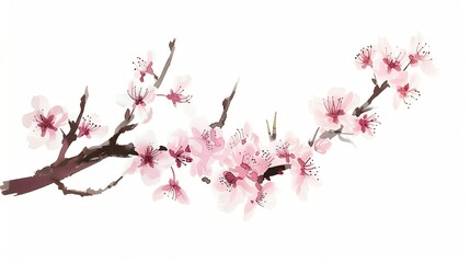 Beautiful watercolor cherry blossom branch with delicate pink flowers on a white background, perfect for spring-themed designs and decor.