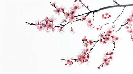 Elegant cherry blossoms on a delicate branch, set against a pristine white background, capturing the essence of spring and natural beauty.