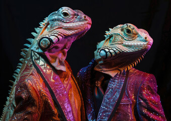 Obraz premium Stylish reptiles: iguanas in glitter suits