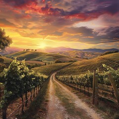 Picturesque vineyard landscape with a stunning sunset, rolling hills, and a dirt path; ideal for travel and nature enthusiasts.