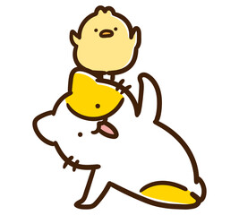 ストレッチしながらひよこを頭に乗せるかわいいねこのキャラクターのコミカルなイラスト