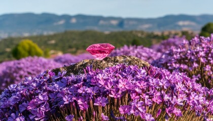 A few pink diamonds atop a mound of purple blooms in a field of similar flowers