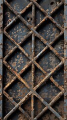 The image is of a rusted metal object with a pattern of squares and triangles