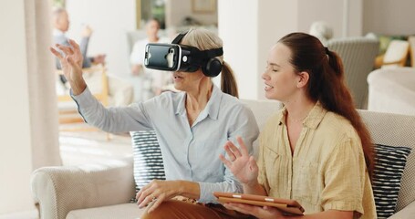 Senior woman, therapist and virtual reality goggles on sofa with tablet for test, metaverse or care in retirement home. Geriatric psychiatrist, ar vision and professional to help for dementia on app