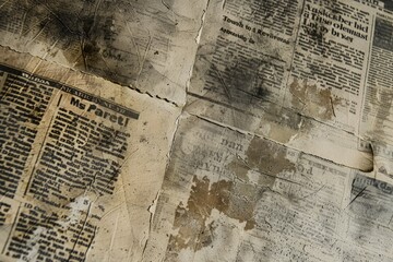 Detailed close-up of a densely printed newspaper page, filled with columns of text. Information, journalism concept